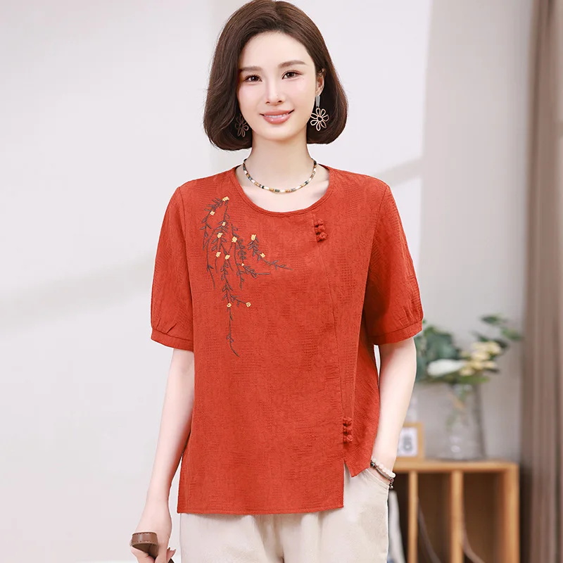 

Летний повседневный комплект из чистого хлопка: женский костюм-двойка с круглым вырезом для среднего возраста, 100% хлопок