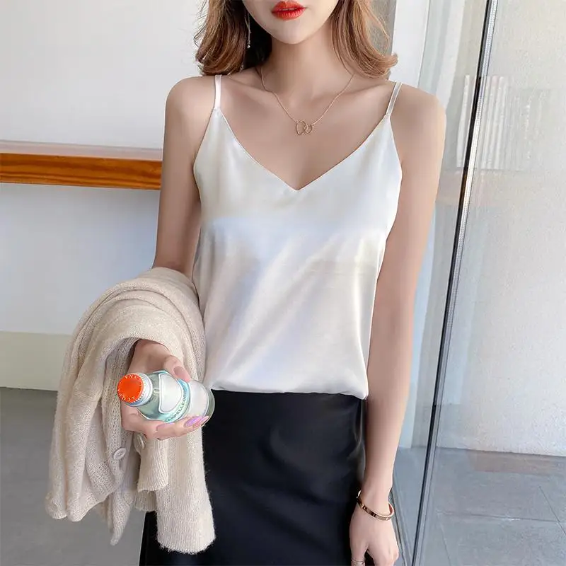 Tank Vest Top Women 2026 Halter V Neck Sexy White Satin Sleeveless Comfy Tops For Weekend Outfits