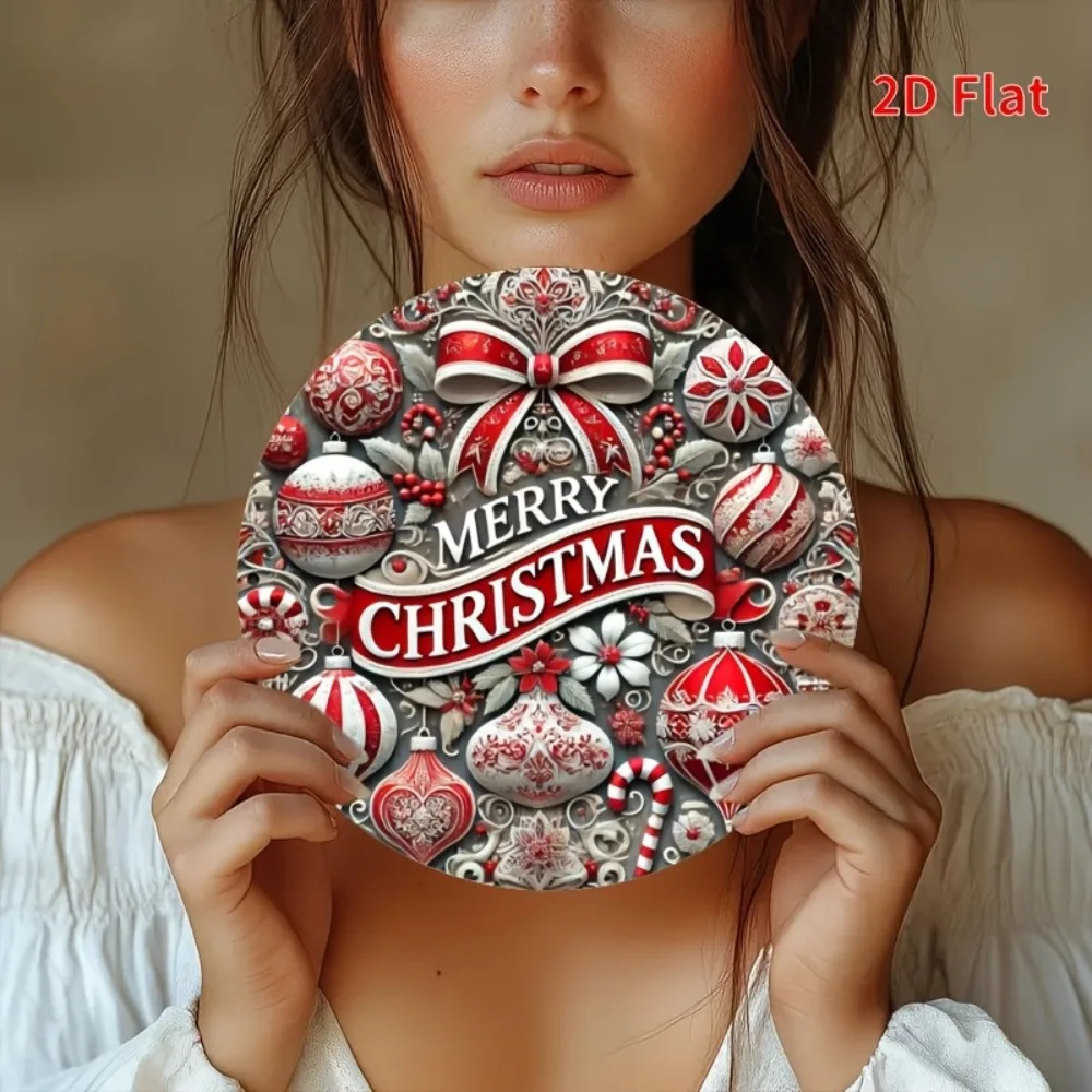 2D شقة 1PC عيد ميلاد سعيد جولة معدن القصدير علامة - مقاومة للخدش بالأشعة فوق البنفسجية، تصميم إكليل قصب الحلوى، ديكور عطلة داخلي في الهواء الطلق #4