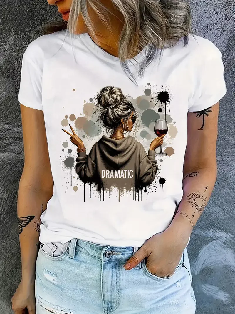 Dramatische Wein Kunstdruck Kurzarm Bedrucktes T-Shirt Kleidung Damen T-Shirt Harajuku Grafik Kleidung Damen Top T-Shirt