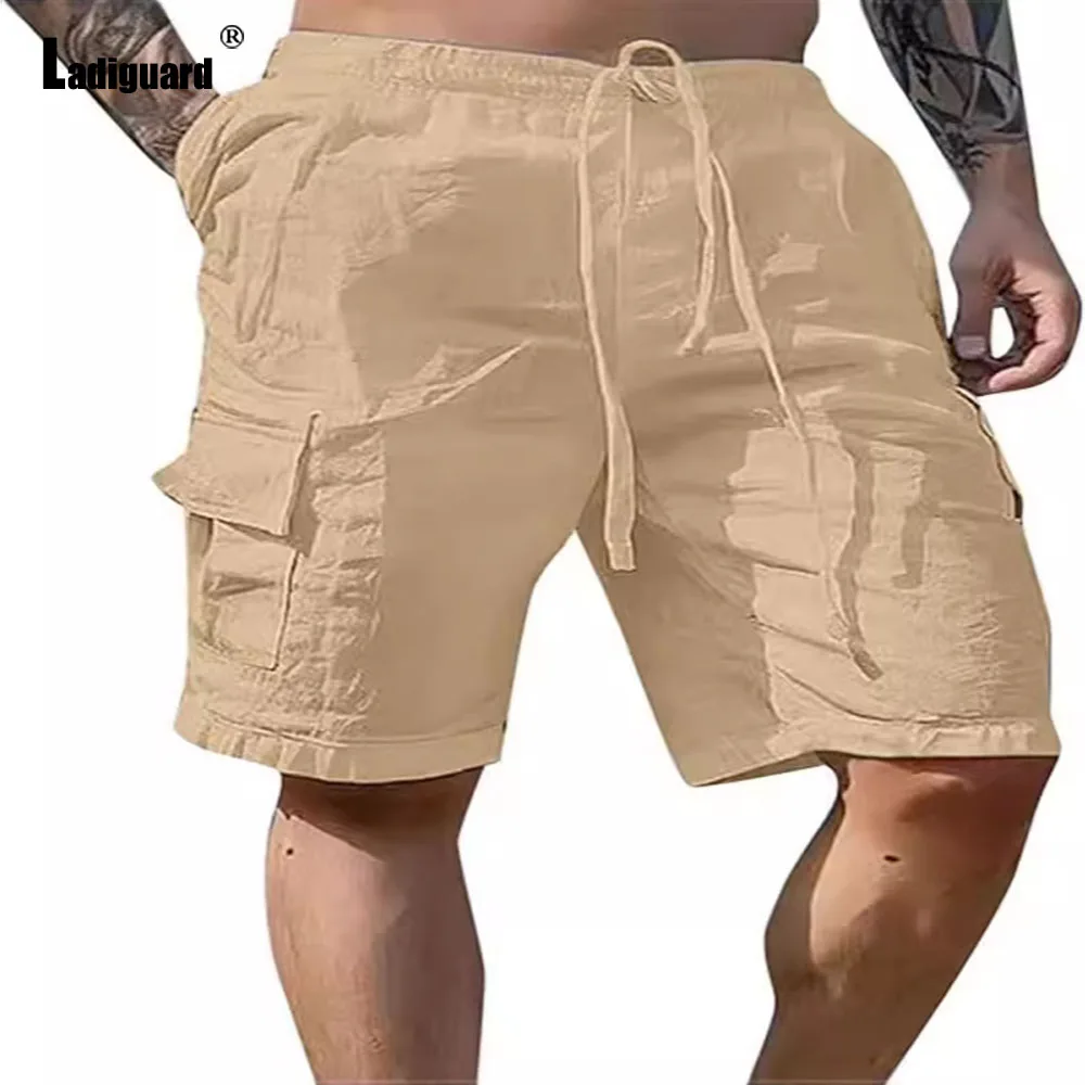 Ladiguard Plus Size 3xl Men Casual Linen Beach Shorts Solid White Khaki Multi-Pocket Shorts Men\'s Drawstring Knee-Length Pants