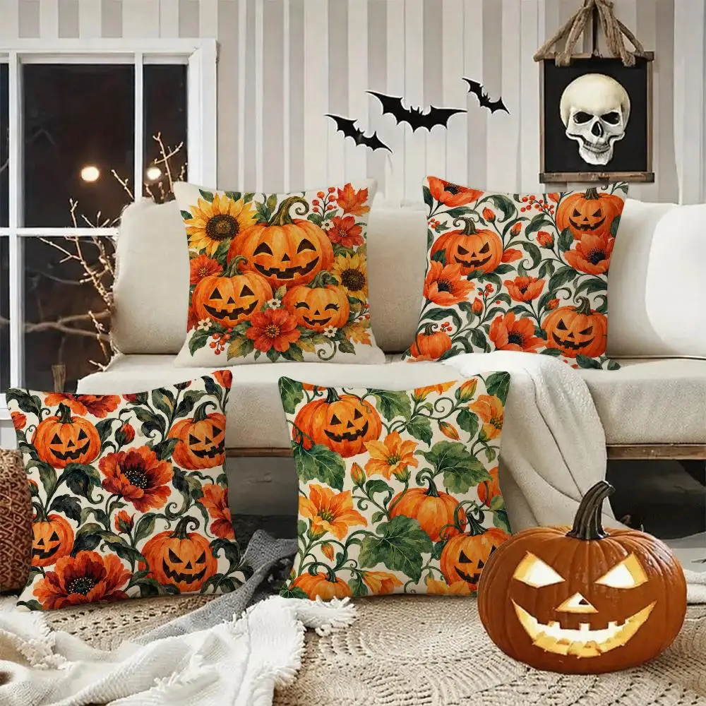 Floral Pumpkin Halloween Gift Cushion Cover Halloween Rustic Throw Pillow Covers, Cute Ghost Pumpkin Maple Leaf Cushion Covers