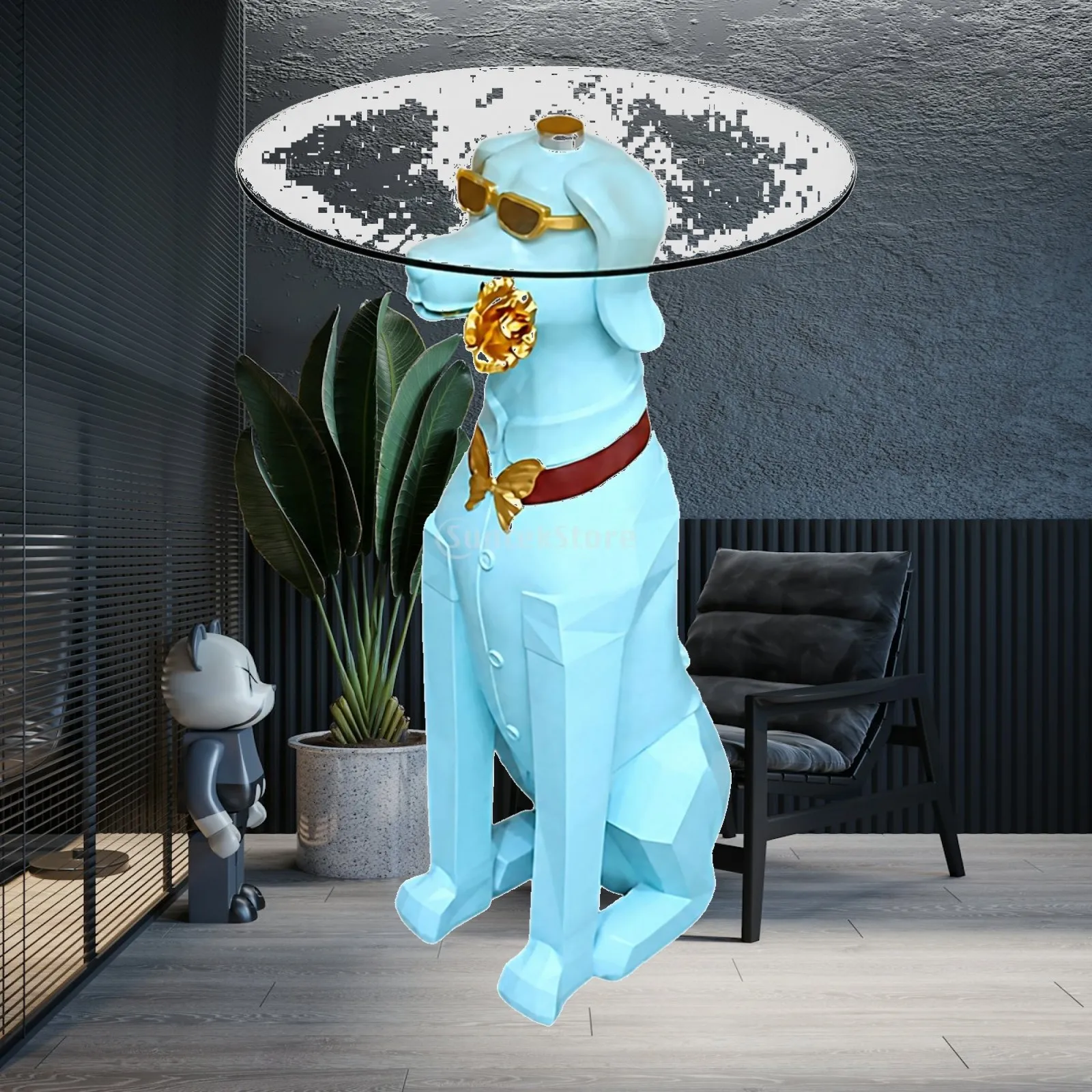 Doberman-Shaped Side Table Nordic-Inspired Dog Side Table with Glass Tray Resin Dog Statue with Tray Sculptural Furniture