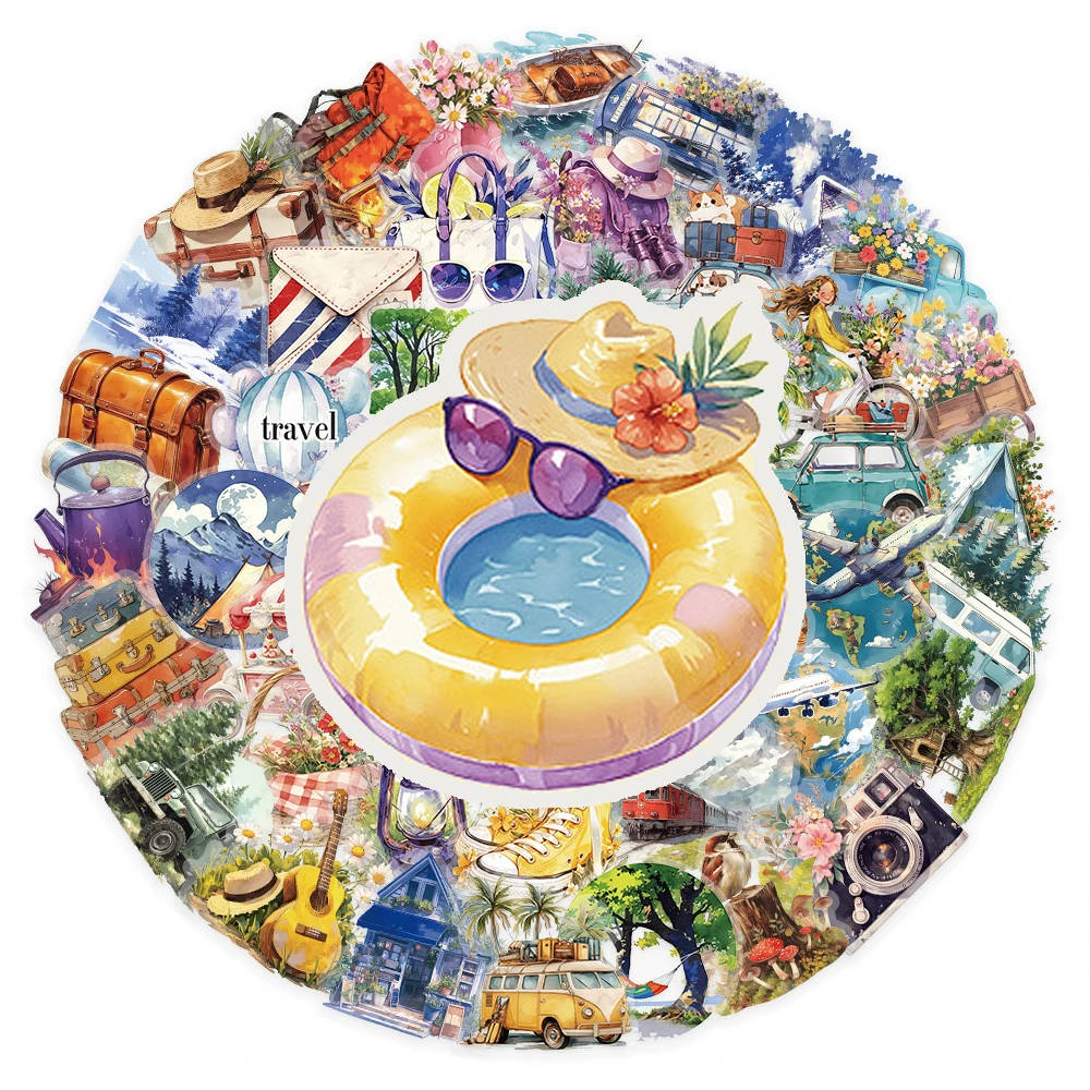 

10/30/50pcs Watercolor Outdoor Travel Cartoon Stickers Aesthetic Camping Decal for Guitar Notebook Phone Transparent PET Sticker