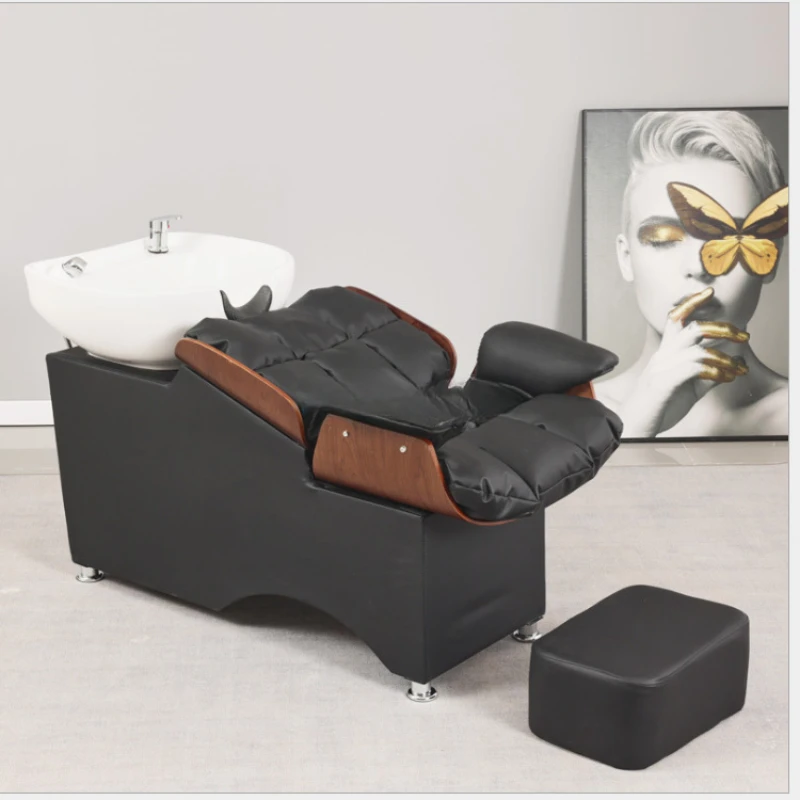 

High-Grade Ceramic Deep Basin Shampoo Chair Punch Bed Black Leather