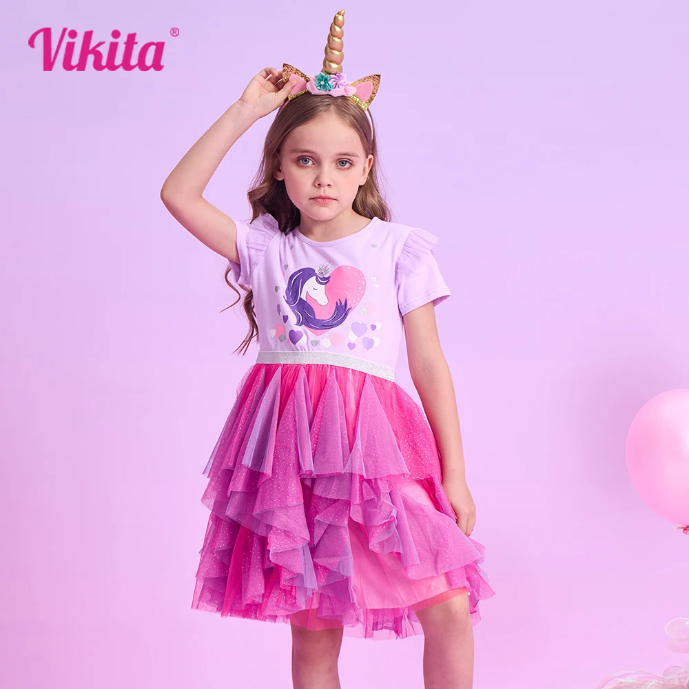 

VIKITA Girls Unicorn Heart Design Dresses Kids Short Sleeve Summer Dress Kids Mesh Tulle Layered Cake Irregular Tutu Dresses