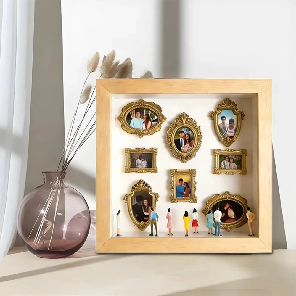 Mini Figurines DIY Mini Museum Silhouette Box Memory Preservation Gold Frames Memory Display Kit LED Light String