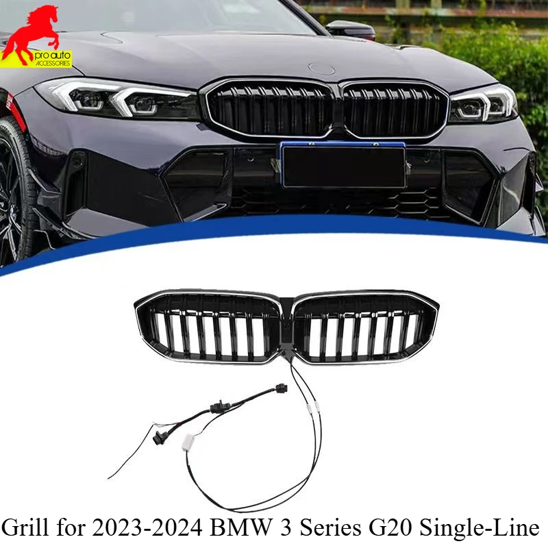 

For 2023-2024 BMW 3 Series G20 Front Grill Bumper Single-Line LED Illuminated Grille Kidney Racing Grills Black Car Accessories