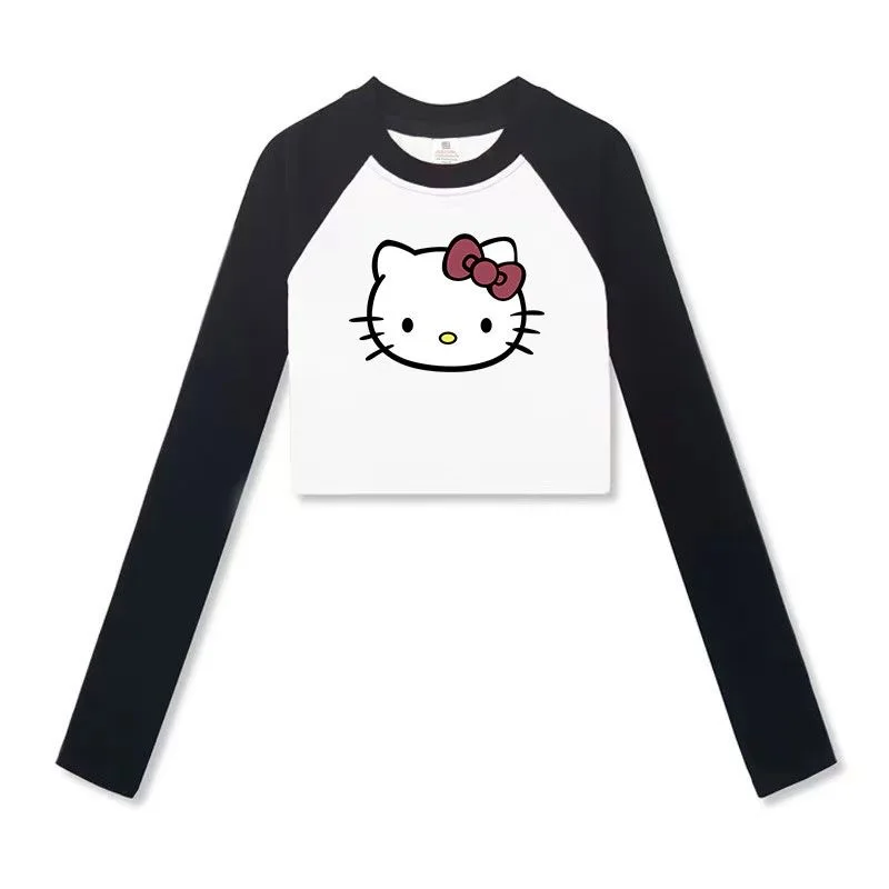 Sanrio Hello Kitty Women Slim Short Tees Y2k Cute Spring Clothes New Crop Tops Cartoon Fashion Streetwear t-shirt a maniche lunghe