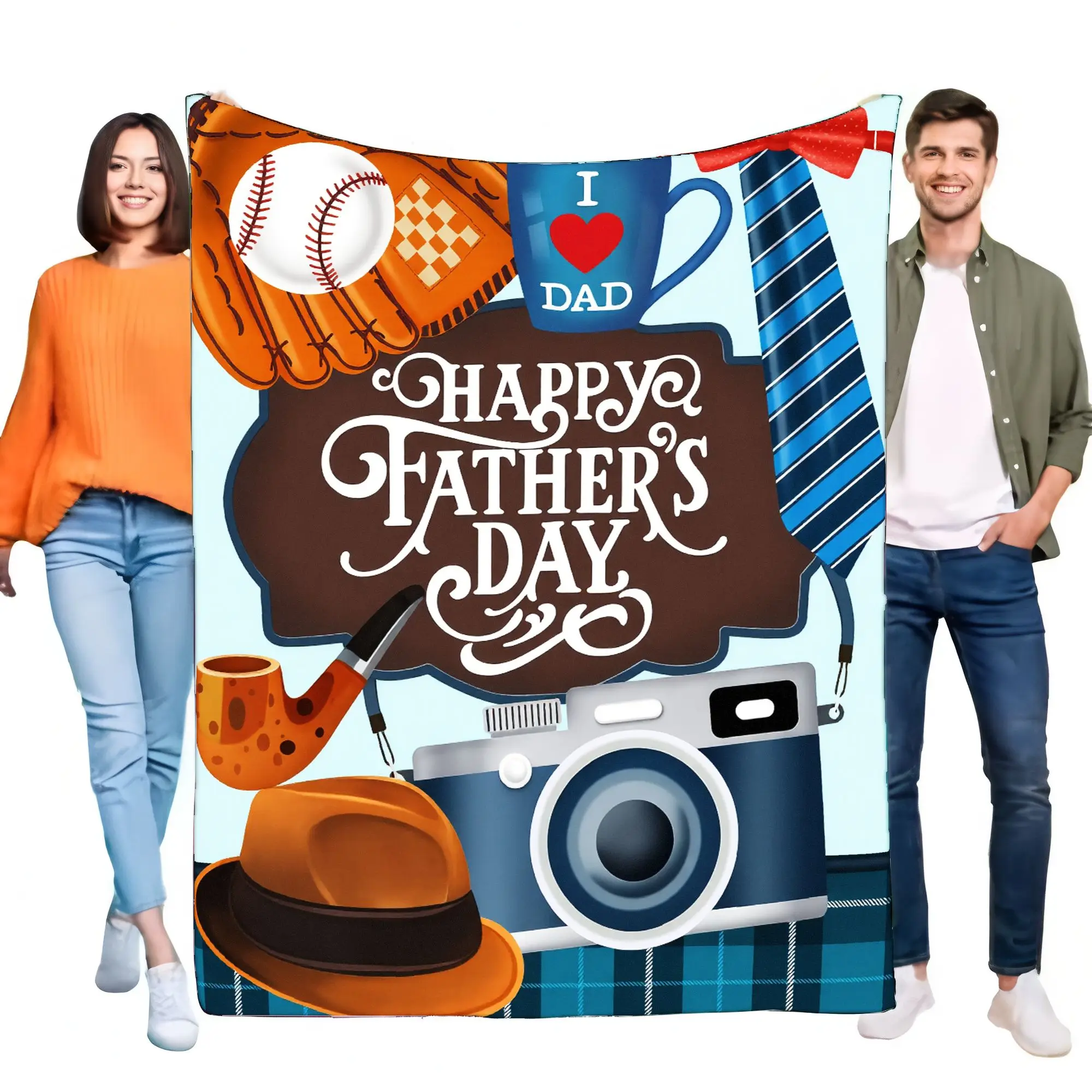 Father's Day Blanket Cozy Throw Gift for Dad with Fun Graphic Design Baseball, Camera, Hat, and Pipe, Perfect for Home, Sofa, Co