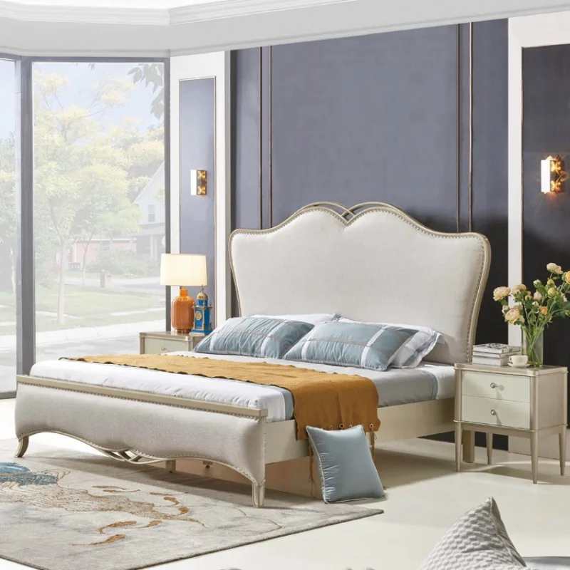 Double soft bag wedding master bedroom cross-style American, light luxury solid wood fabric Meike series leather bed
