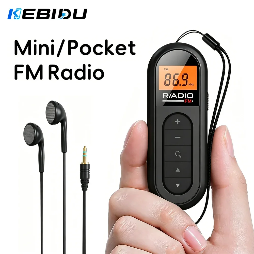 KEBIDU Mini Clip FM-Radio, wiederaufladbares Stereo-Taschenradio mit LCD-Display, kabelgebundene 3,5-mm-Kopfhörer für Meetings, Touren, Laufen
