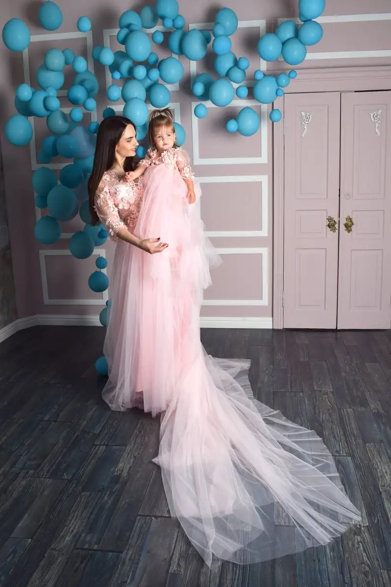 Baby Pink Lace Tulle Mommy and me Dress Elegant Mother Daughter Matching Dresses for photo shoot or First Birthday Party 2023