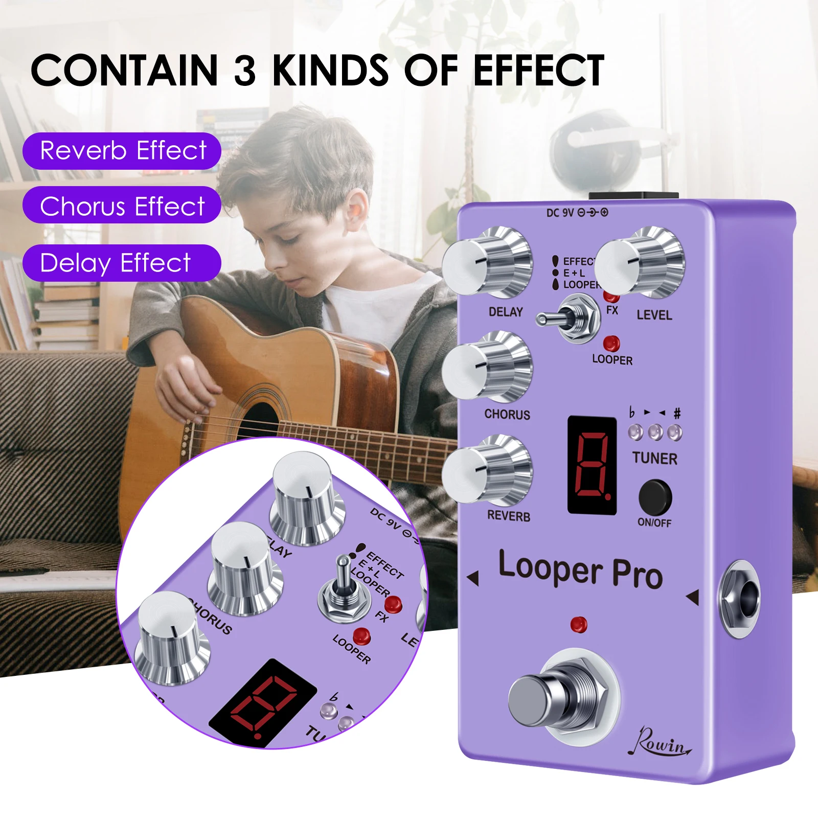 Rowin RE-05 Loop Guitar Effector Looper Tuner Mini Guitar Looper Effect Pedal Full Metal Shell with Reverb Chorus Delay Effects