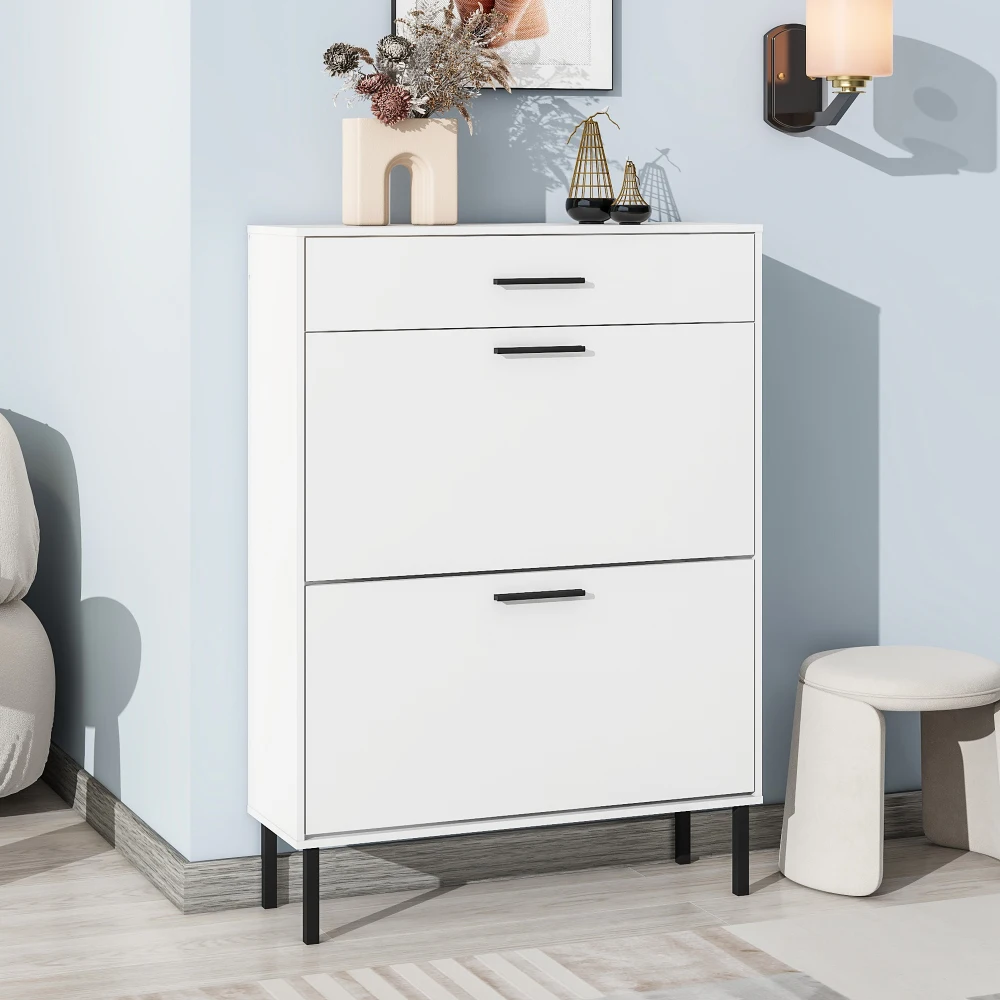 

Shoe Cabinet Freestanding Shoe Rack Storage Organizer with Drawers Metal Legs Modern Shoe Storage Cabinet with 2 Flip Drawers