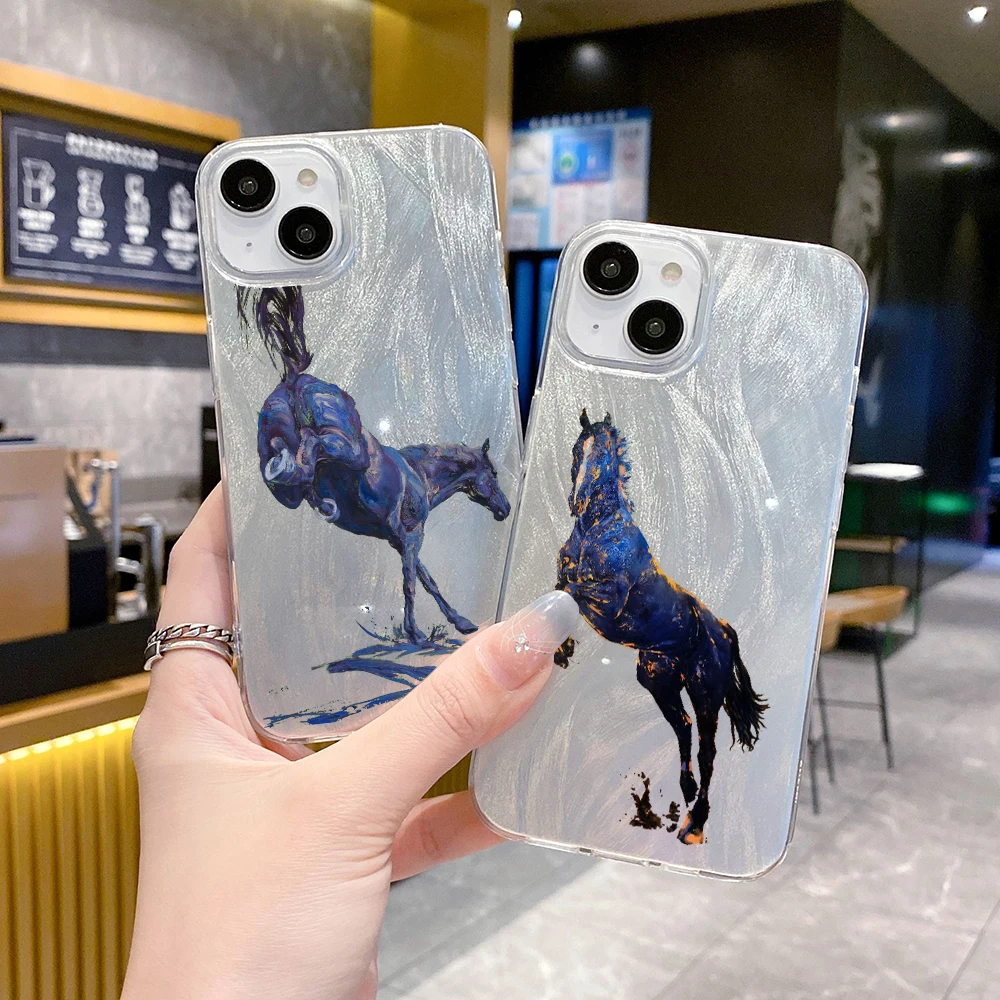 Clear Feather Laser Phone Case Cover FOR Apple iPhone 16 PRO MAX 15 14 13 12 PRO MAX PLUS 5G Handsome White Black Horse Animal