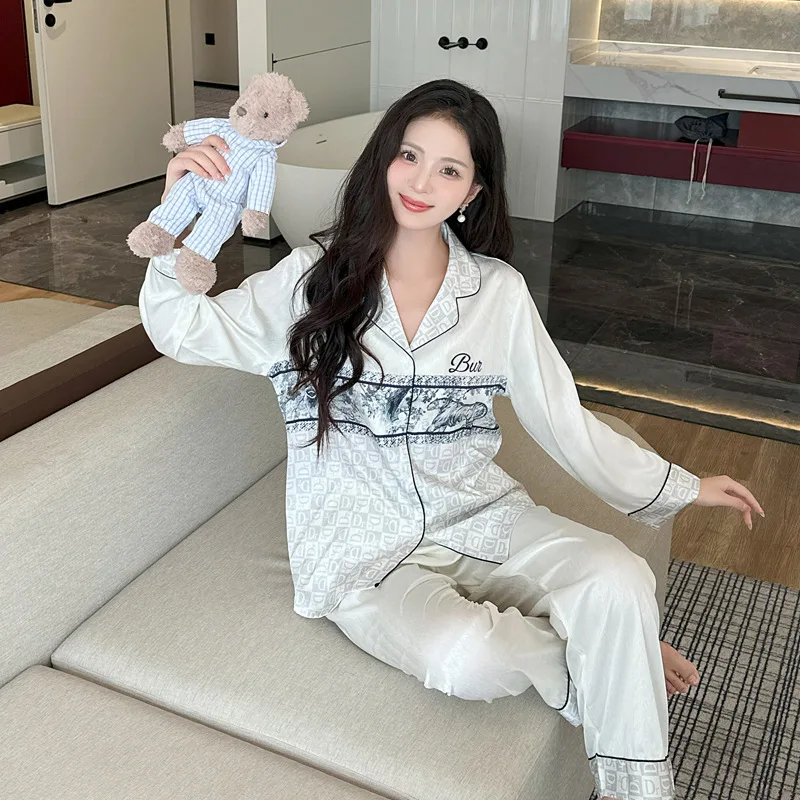 2024 Ice Silk Pajamas Sleepwear Women New Long Sleeved Pants Set Luxury V-neck Nightgown 2piece High Quality Soft Skin Friendly