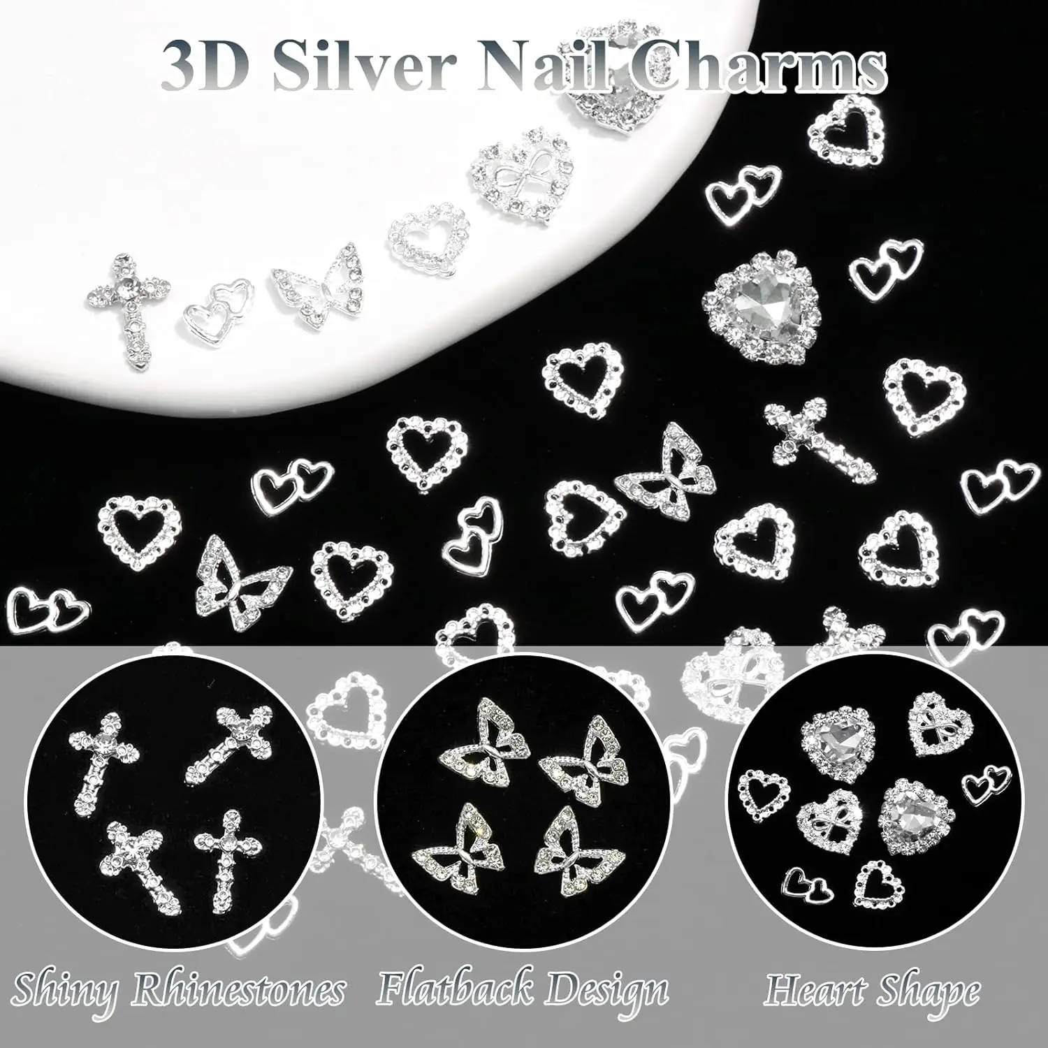 60PCS Silver Nail Charms Crystal Heart Nail Charms 3D Alloy Cross Nail Charms Metal Butterfly Charms Nail Gems Rhinestones