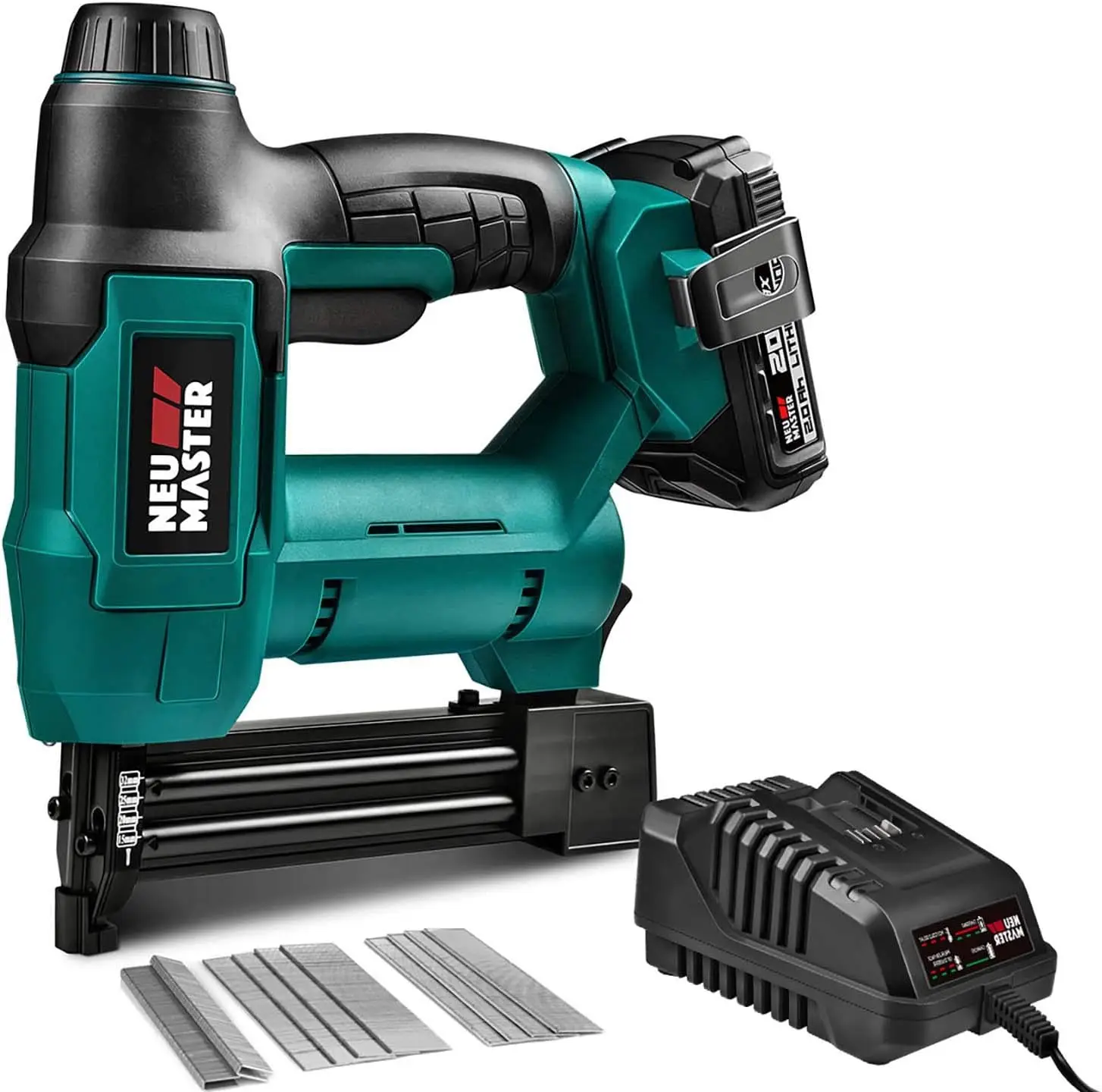 NEU MASTER Cordless Nail Gun Battery Powered, Battery Brad Nailer/Staple Gun NTC0023 20V Max. Battery and Charger Included