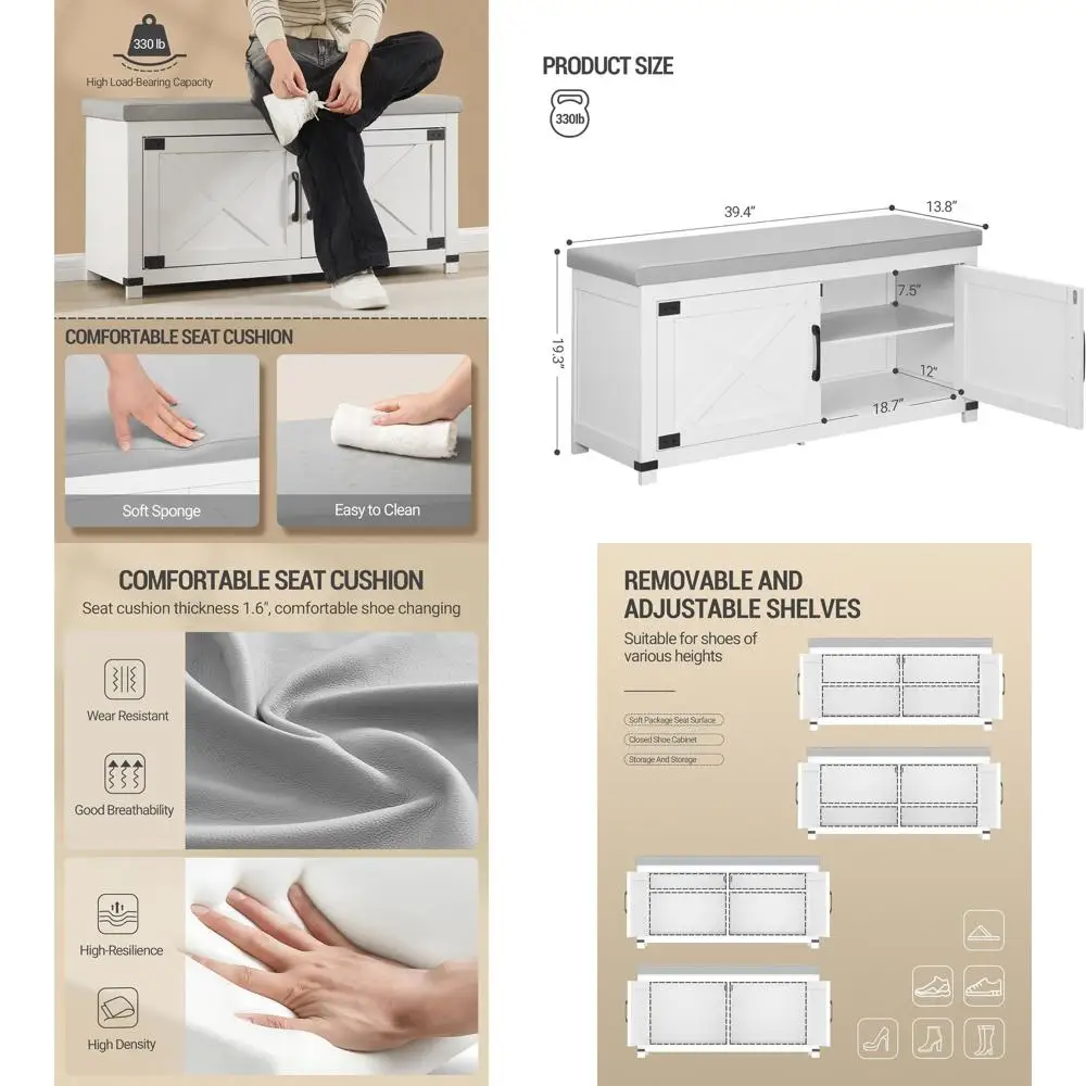 

2-Tier Padded Shoe Storage Bench with Barn Doors, Adjustable Shelf, Farmhouse Style for Entryway, Living Room, Bedroom - White S