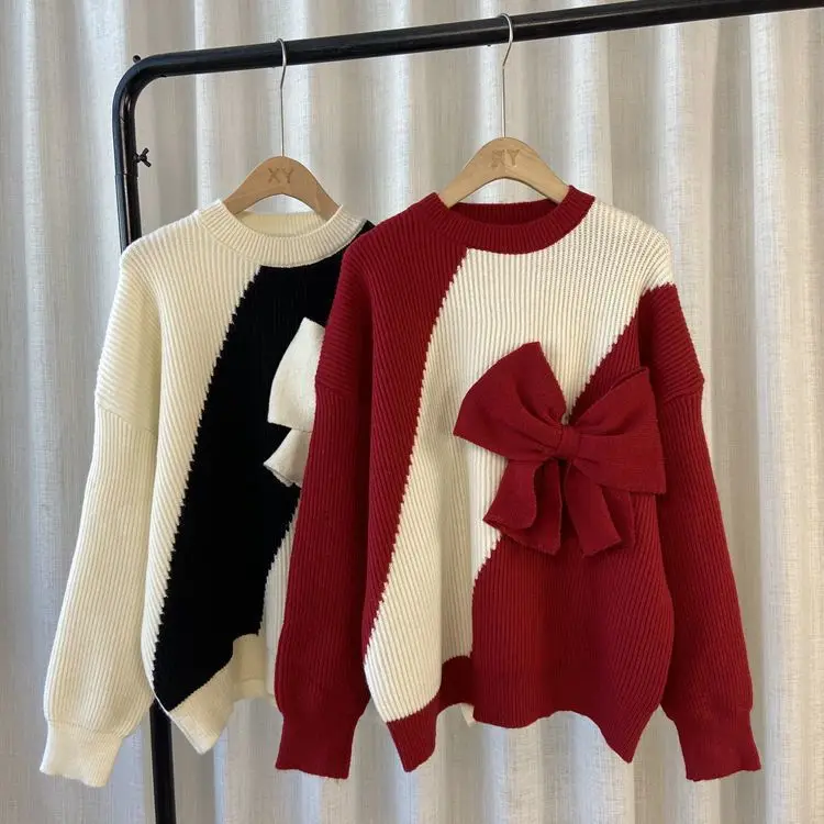 New Korean Bow Sweater 2023 Autumn/Winter Vintage Western Style Panel Long Sleeve Japanese Sweetheart Outerwear Knit