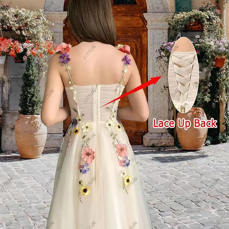 LIYYLHQ Fairy Tulle A-line Prom Dresses Vestidos De Gala Straps 3D Floral Print Evening Party Dresses Formal Dress Customized