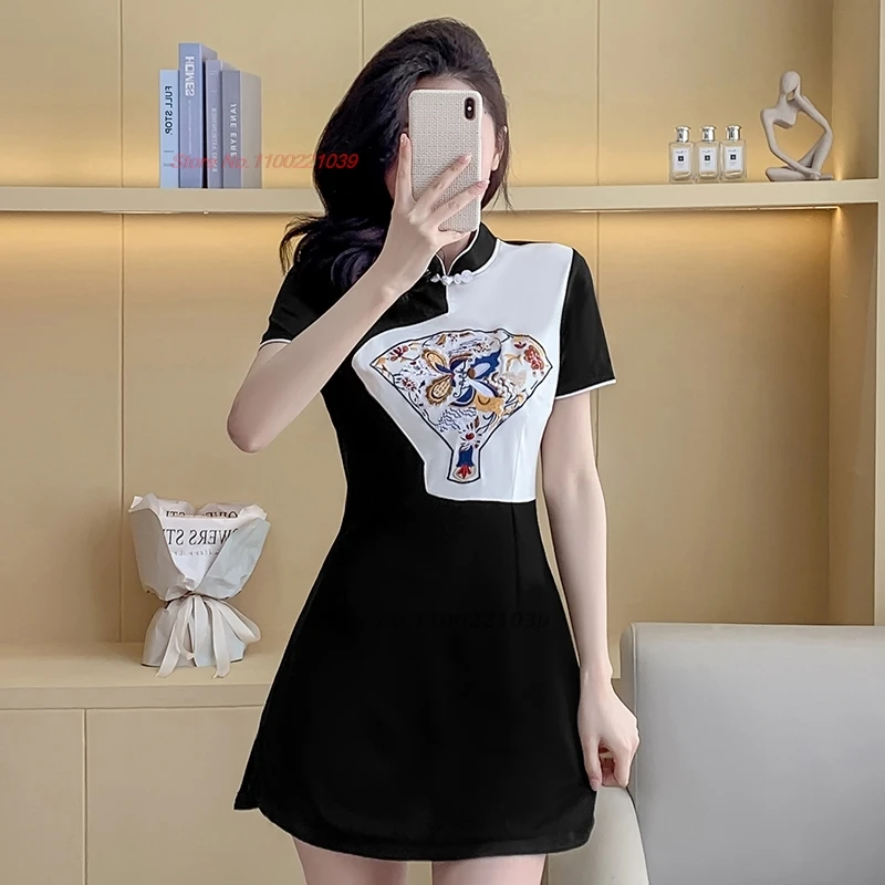 2026 chinese sexy dress traditional flower embroidery patchwork cheongsam dress+shorts set hotel spa work dress beauty uniform