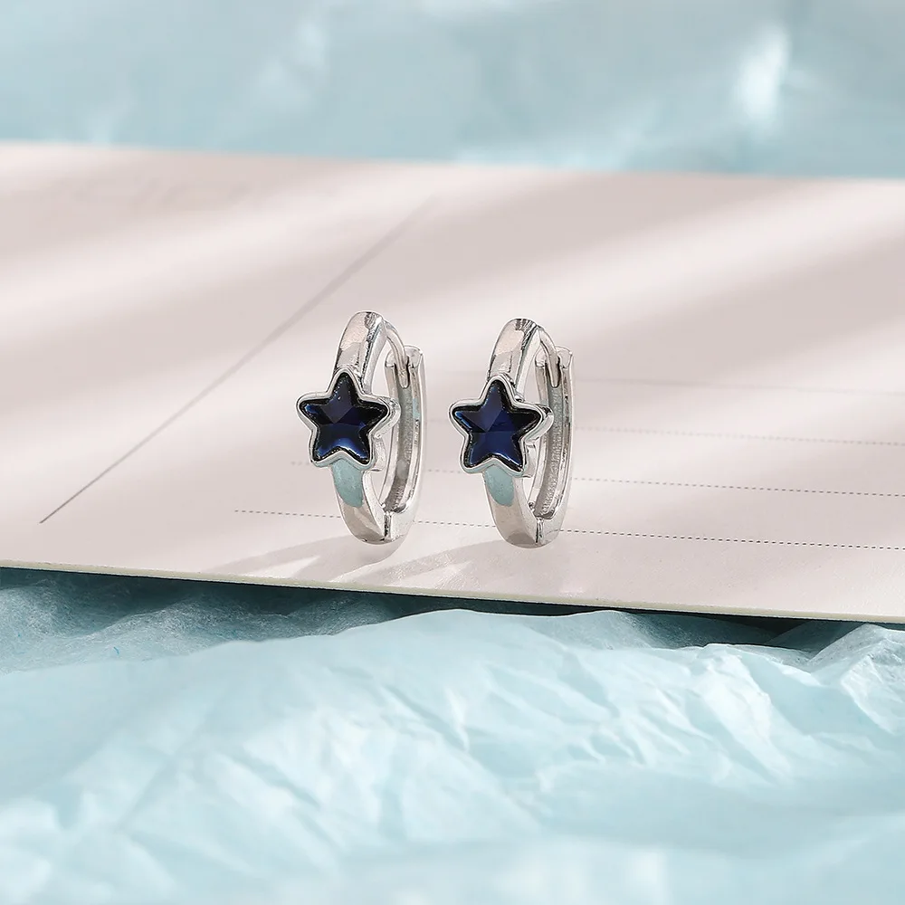 Silver Color Blue Star Zircon Huggie Hoop Earrings Five Point Star Crystal Small Ear Buckle Minimalist Daily Jewelry Gift