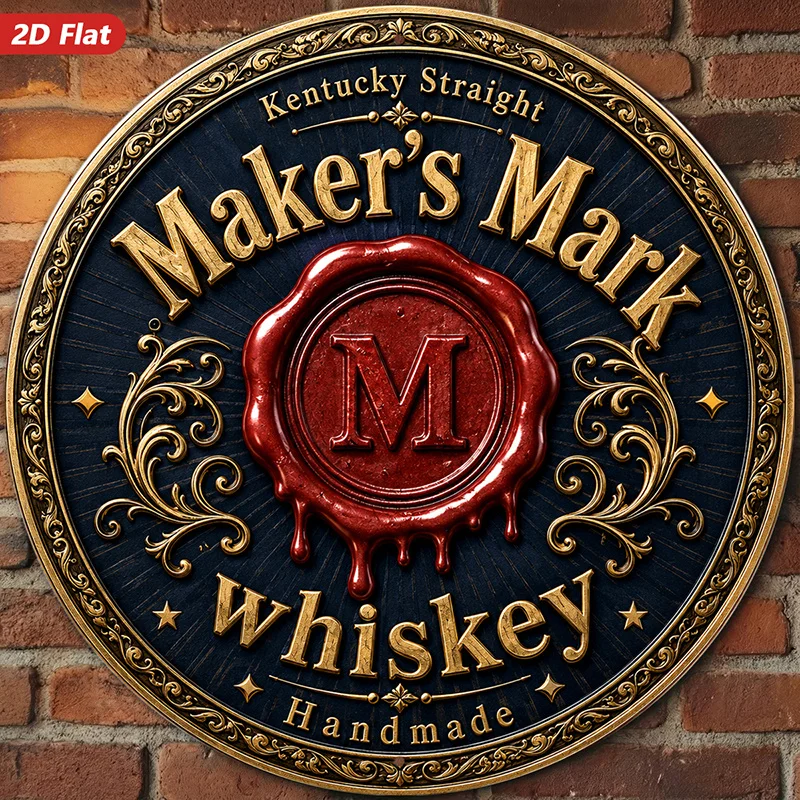 2D Flat, 1pc Round Metal Sign Wall Art, Maker'S Mark Whiskey Decorative Wall Art, Vintage Style, Ornate Design, Alcohol-Themed,