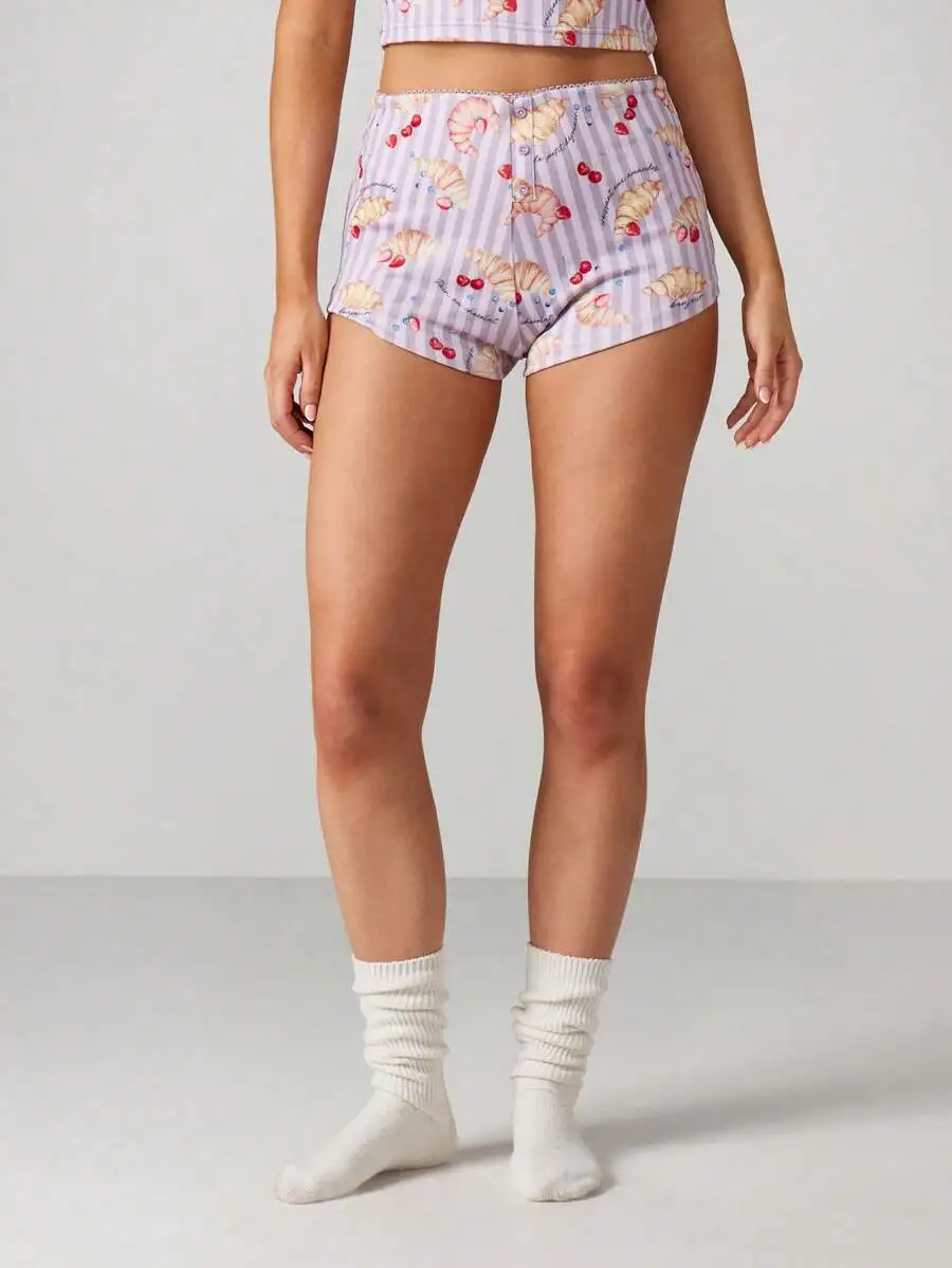 

High Waist Croissant Cherry Print Sleep Shorts For Women Comfortable Lounge Pajama Summer Nightwear