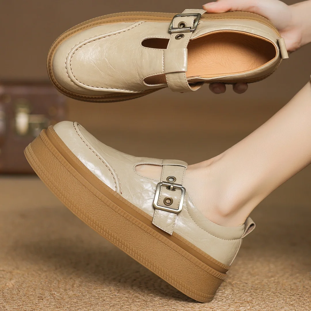 

Women's sheepskin thick sole platform flats slip-on t-strap loafers high quality soft comfortable casual female moccasins shoes
