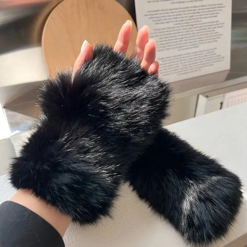 Real Rex Rabbit Fur Gloves Winter Thickened Warm Half Finger Gloves Female Good Elastic Hand Knitted Rex Rabbit Fur Mittens