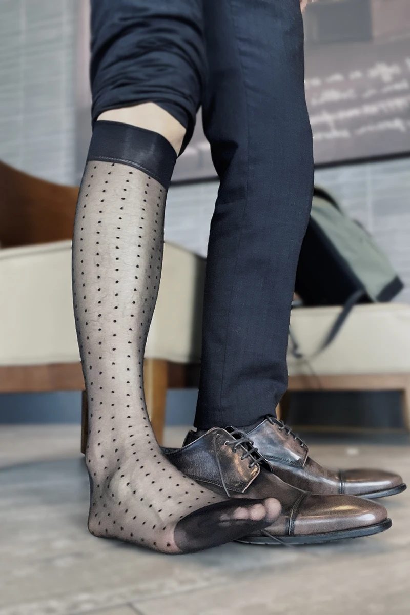 Man\'s Sheer Sock Mid Tube Jacquard Lace Dot  Polka Dots Laced Stocking Fine Dress Socks Short Socks Daily
