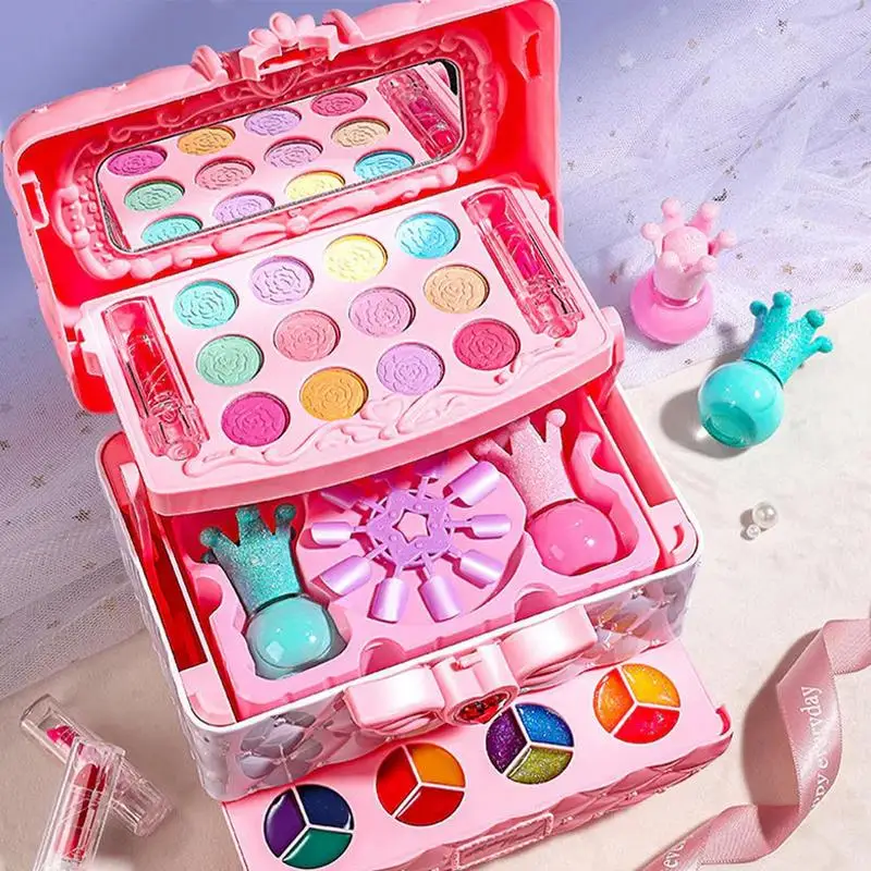 Kids Makeup Kit Little Girls Toys Real Cosmetic Washable Children's Cognitive Toys Dress-up Cosmetic Box Kid Friendly for