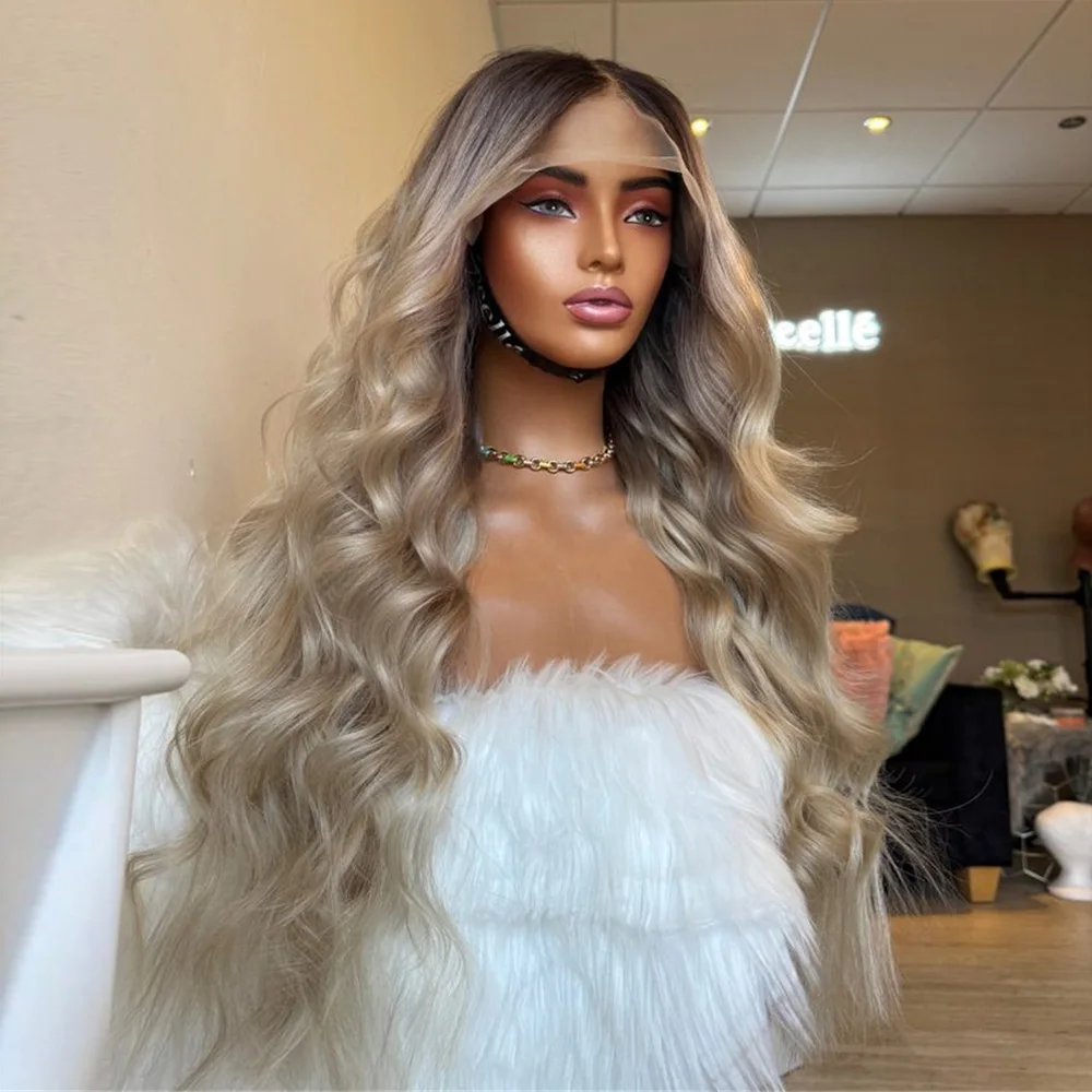 

Smokey Roots Ash Blonde Lace Wig Synthetic Lace Front Wigs Body Wave Glueless Wigs for Women Heat Resistant Fiber Wig Daily Use