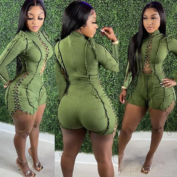 Women High Waist Slim Fit Color Block Cotton Capri Jumpsuit Long Sleeve Ruched Skinny Bodysuit Women Clothes For Woman Summer