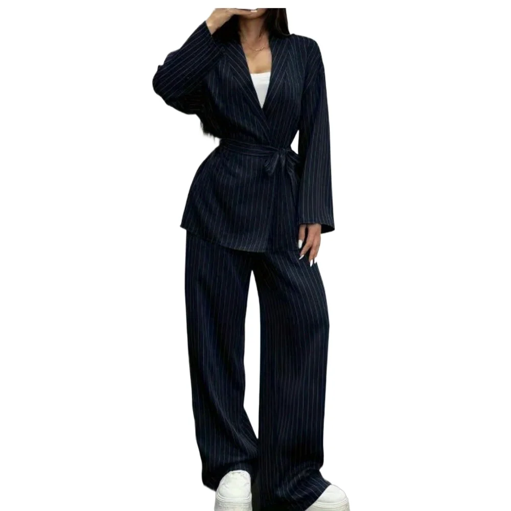 

2025 Women Elegant Striped Notched Blazer Wide Leg Pant 2 Piece Set Loose Fit Female Casual Outfit Pants Sets Two Piece Sets