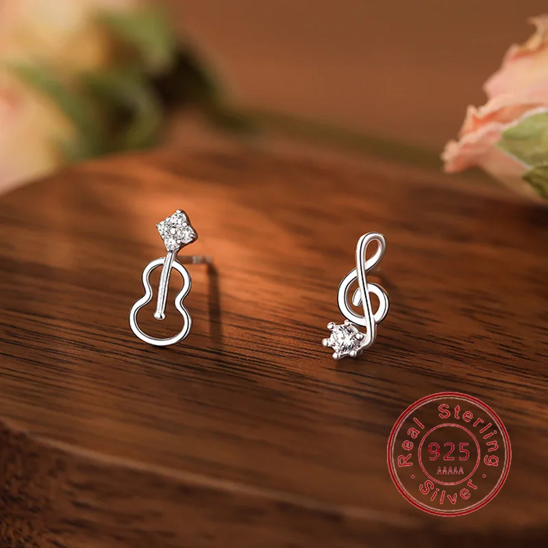 Fashion Female Earring Pure 925 Sterling Silver Violin Note Asymmetric Earrings for Women Hollow Out Micro Inlaid Zircon Jewelry