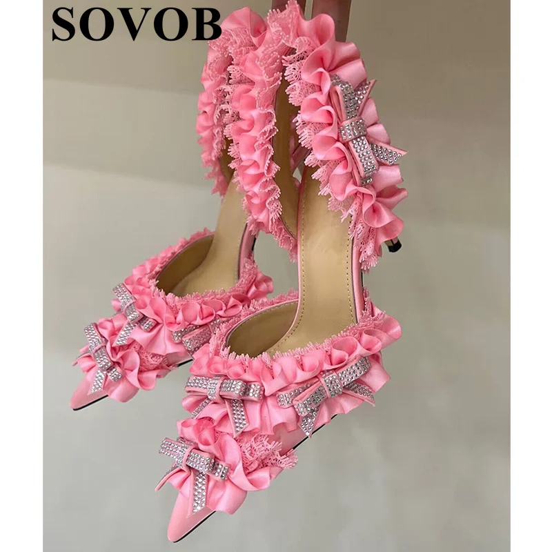 

Spring Autumn Pointed Satin High Heels Women's Crystal Bow Back Strap Sandals Female Party Banquet Sweet and Elegant Shoes 2024