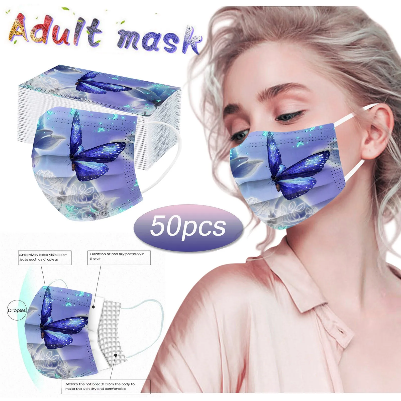 50pcs Adult Butterfly Disposable Protection  Mascara ProteçãO FáCial Three Layer Breathable  Face Mask Masque Poussiere  Dust