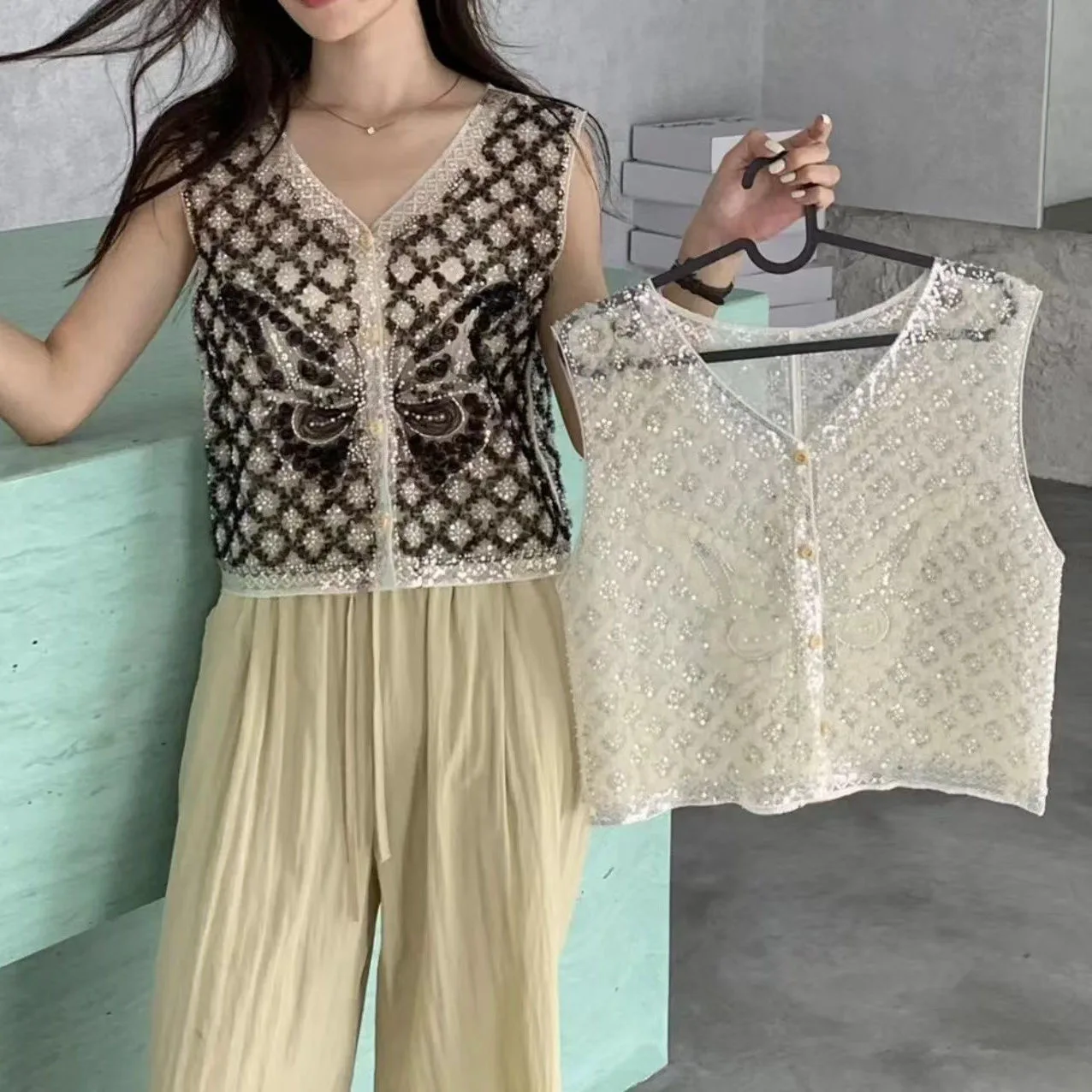 Glitter Sleevess Tank Top Butterfly Embroidery Delicate Women Cami Holiday Lace Beaded Loose Mesh Vest 2024 Summer New  Fashion