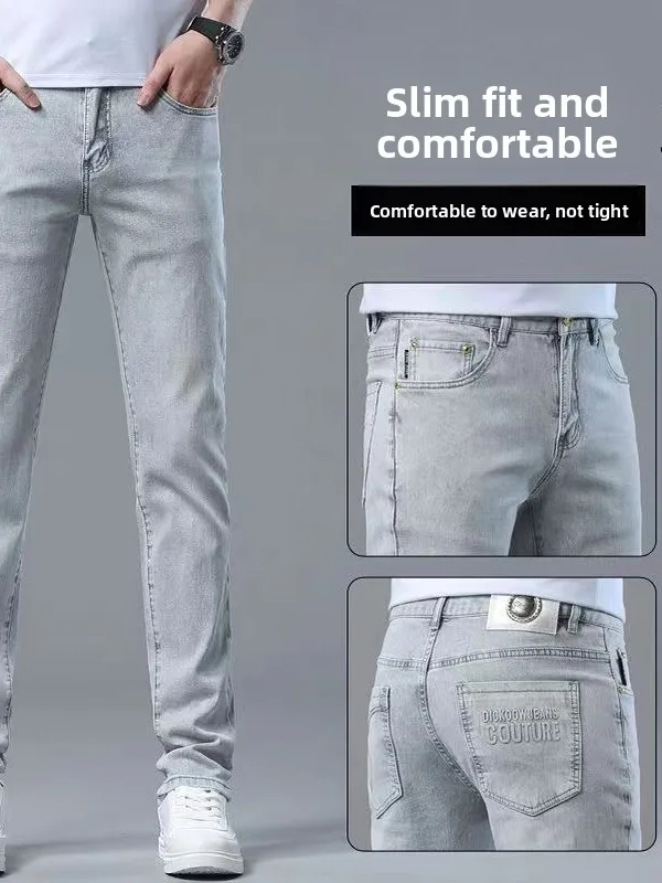 

Light Grey Slim Fit Men's Jeans Elastic Casual Long Trousers Autumn Fashion Brand Jeans mid Waist Button Fastening Straight Leg