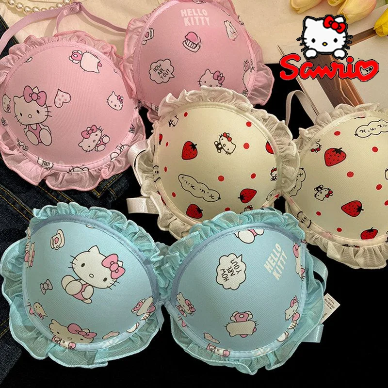 Kawaii Sanrio Hello Kitty Women Bra Panty Set Cartoon Sexy Girls Breathable Cute Underwear Sexy Cotton Panties Soft Brassiere