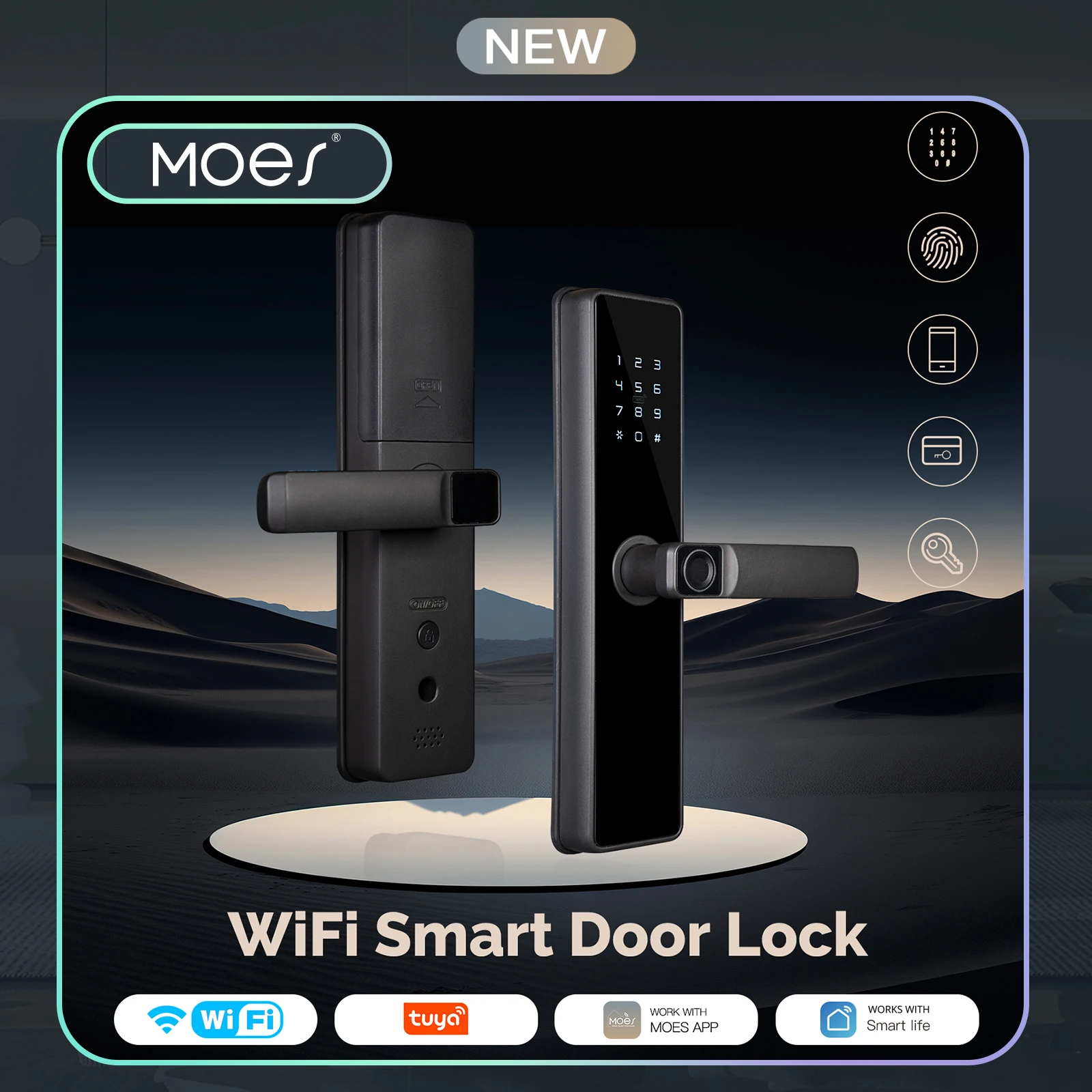 قفل ذكي ببصمة الإصبع، دخول بكلمة مرور بدون مفتاح، قفل باب بشاشة لمس WiFi، جهاز تحكم عن بعد عبر التطبيق، بطاقة المفاتيح، إنذار منخفض للبطارية #1