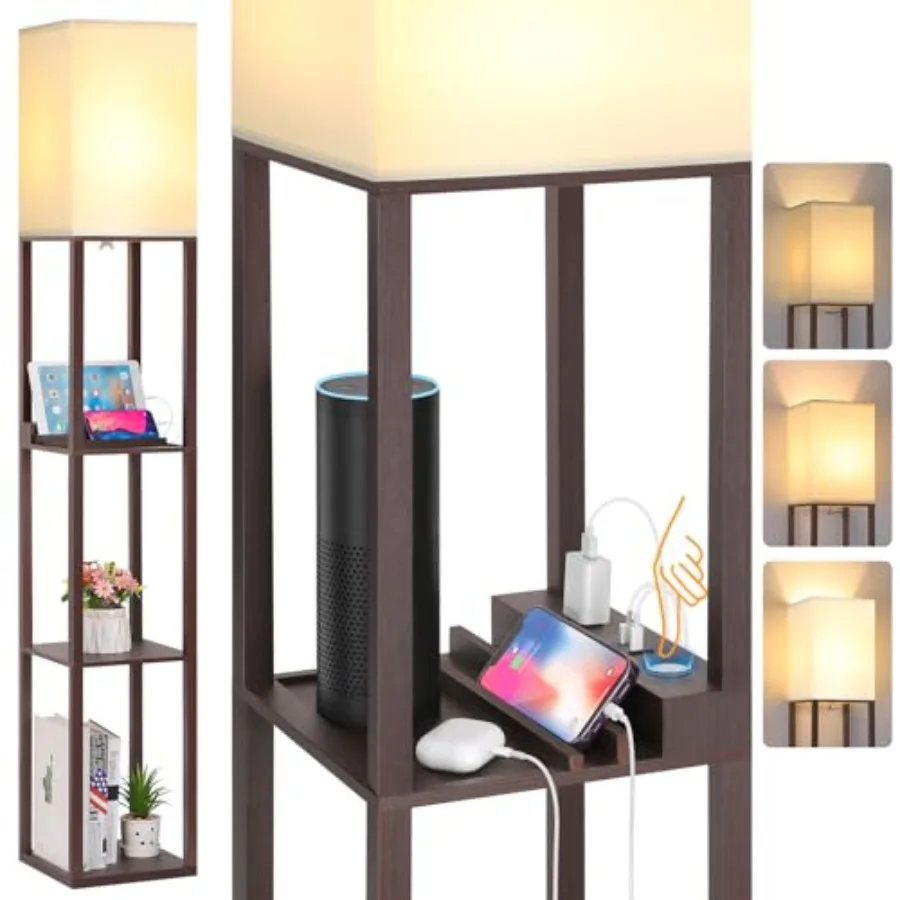 

Touch Control Shelf LED Floor Lamp with Shelves, Charging USB, Type C Port and Power Outlet, Dimmable Standing Lamp for Living