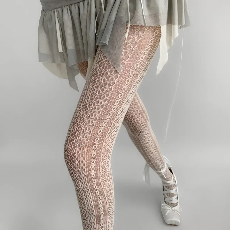 New Women's Sexy Striped Vertical Grain Lace Tights Hollow Out Wide-strip Circles Pantyhose JK Mesh Breathable Fishnet Stockings image 5