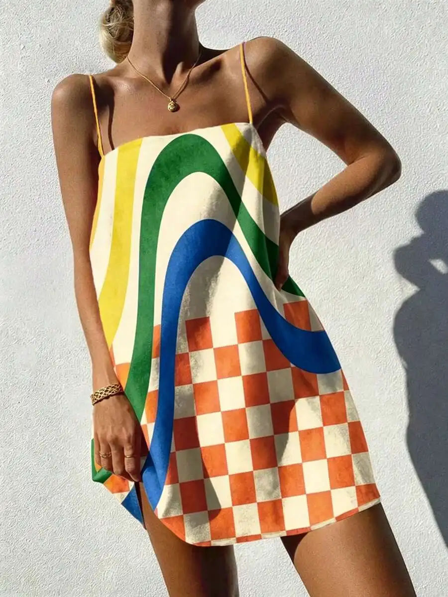 

Women Summer Beach Vacation Loose Strap Dress With Checkered And Abstract Print