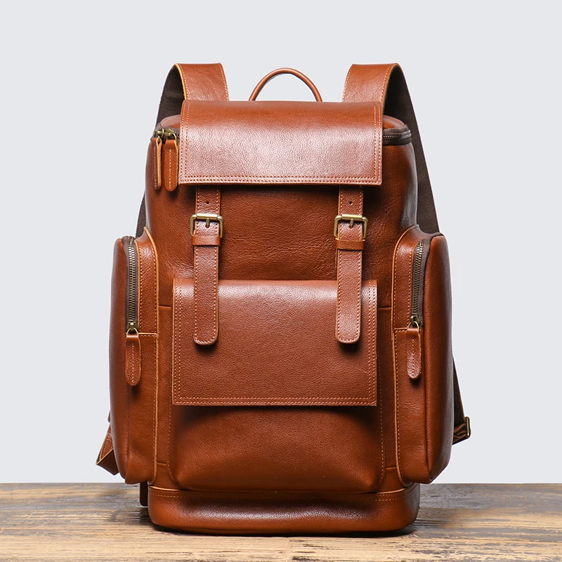 Leathfocus Vintage Cowhide Backpack Mountaineering Hiking Travel Backpack High-capacity Real Leather Man Satchel Bag Laptop Bag