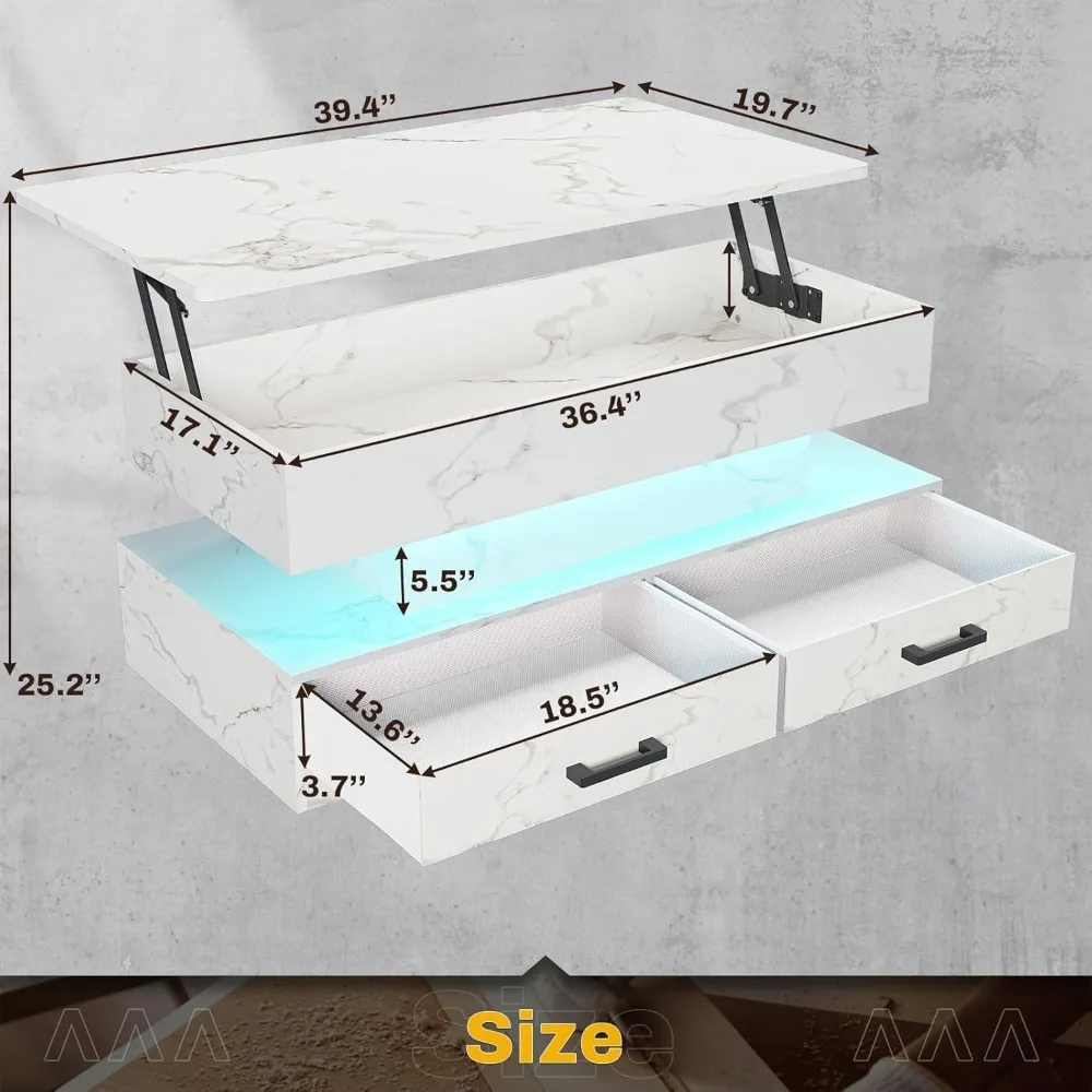 40 Inch Lift Coffee Table, Living Room Coffee Table with Storage Space, Living Room Coffee Table with 2 Drawers and LED Lights