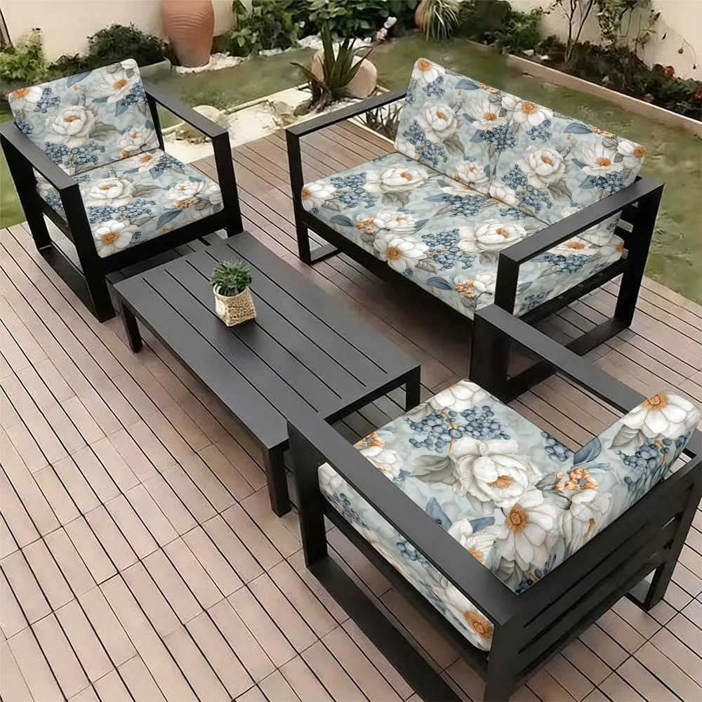6/8pcs Elegant Peony & Berry Outdoor Patio Sofa Cushion Cover, Removable Washable Patio Furniture Slipcover